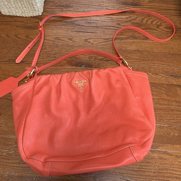 PRADA Cervo Pleat Bag Hobo Orange Deerskin Women’s Crossbody Designer Purse - Picture 4 of 16